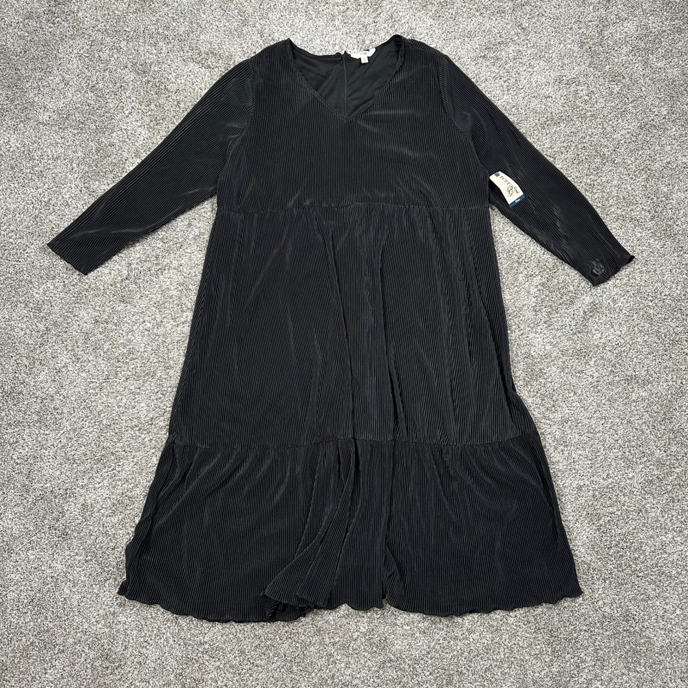 Terra & Sky Midi Dress Womens 3X Plisse Black Soot Tiered NEW